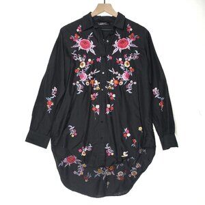 Zara Floral Embroidered Button Front Tunic Top‎ Oversized XS Black Boho
